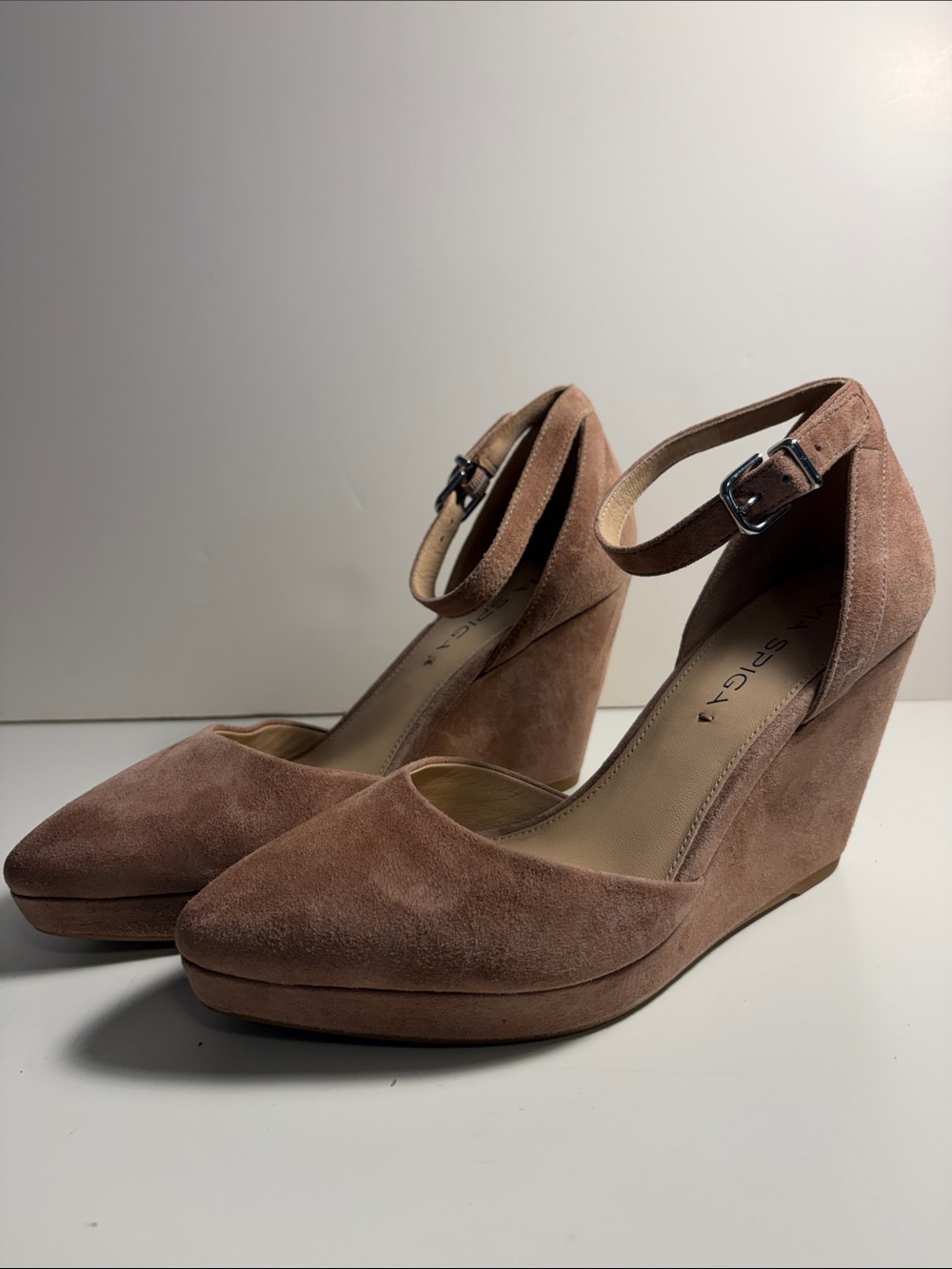 Via Spiga Dusty Rose Suede Ankle-Strap Wedges